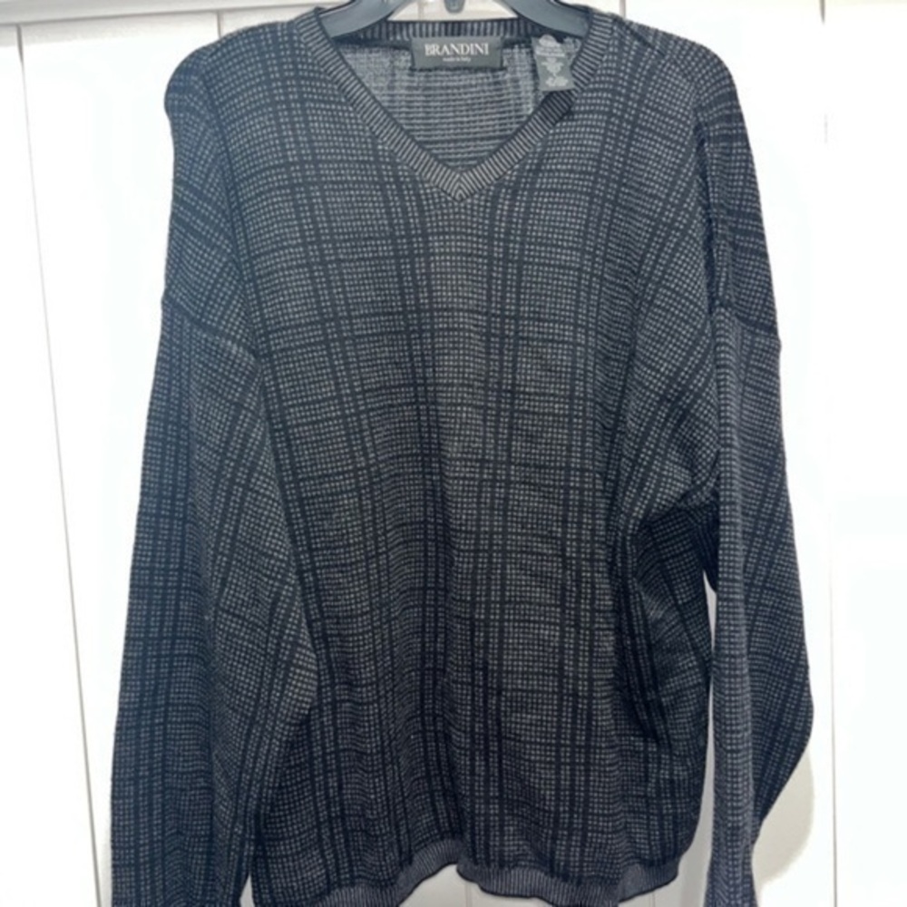 BRANDINI made italy v-neck sweater WOOLMARK 100% fine merino wool gray/bl large